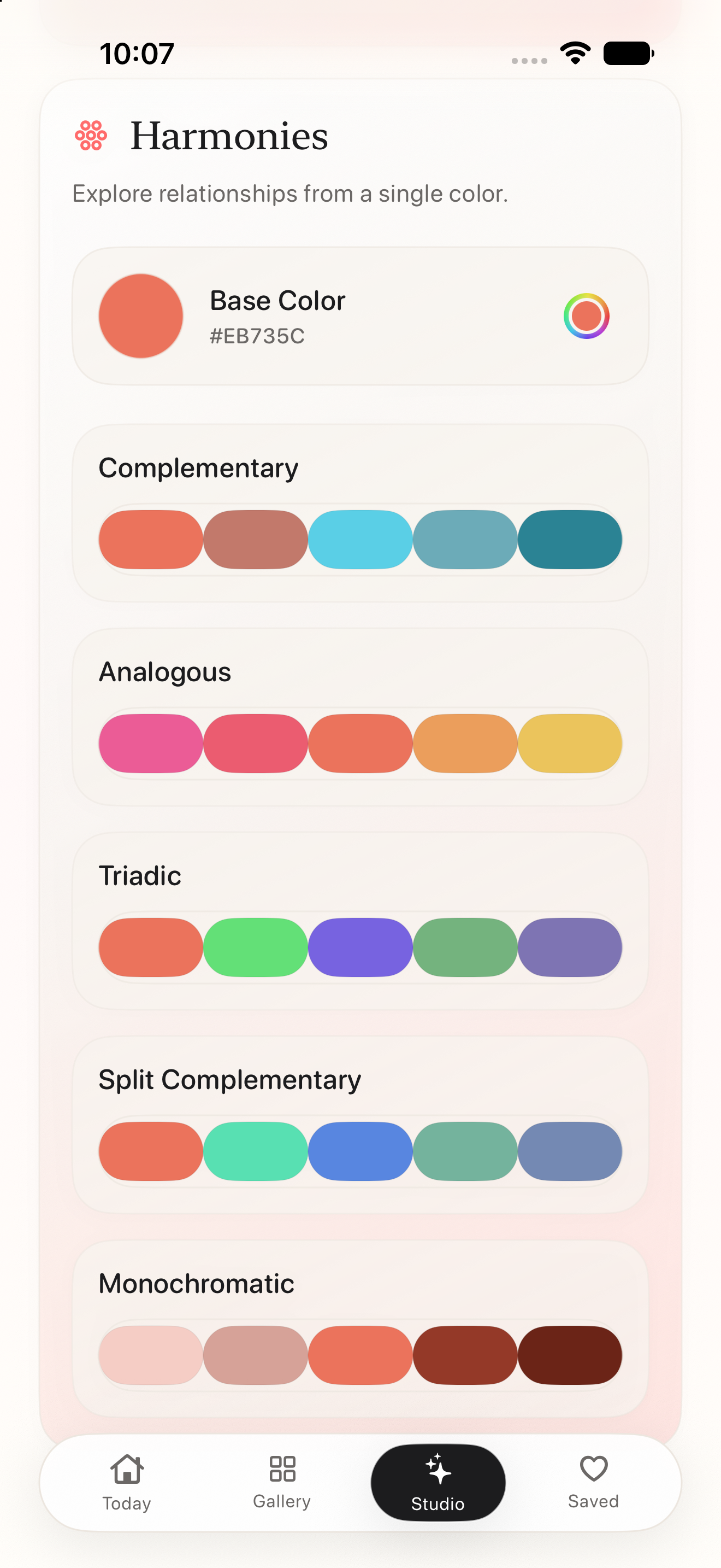 Prism harmonies interface showing color relationships